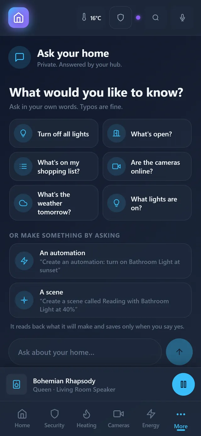 The Ask screen in the app, a chat with the house