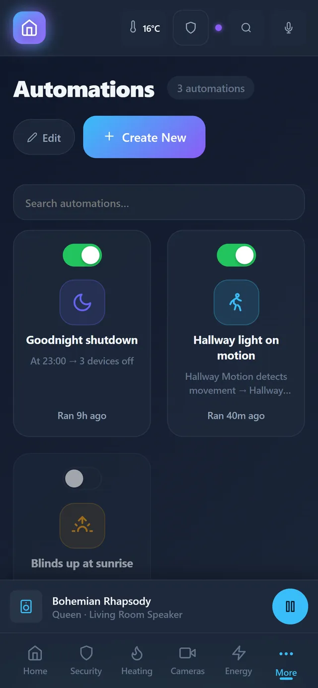 The Automations screen in the app