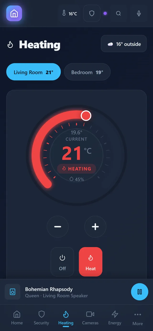 The Heating screen in the app, room by room