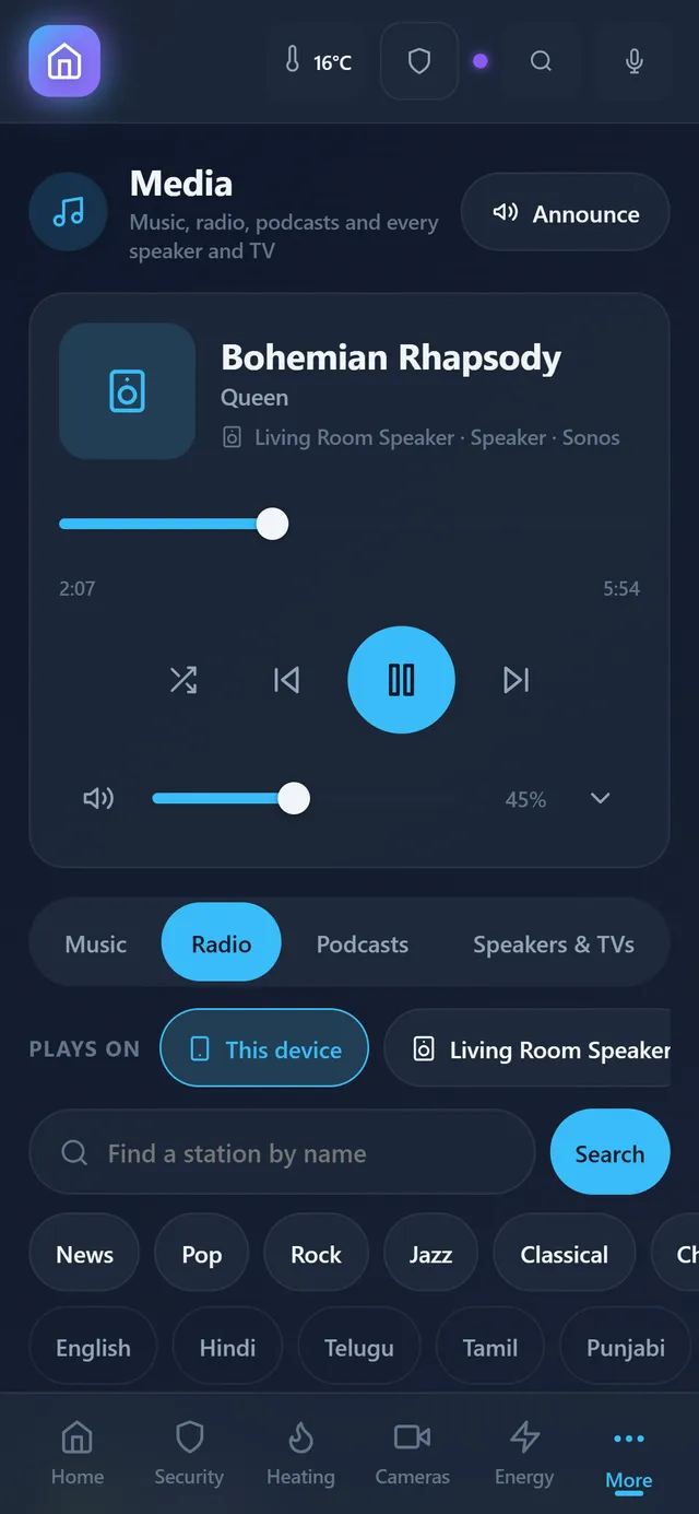 The Media screen in the app, with the TVs and speakers