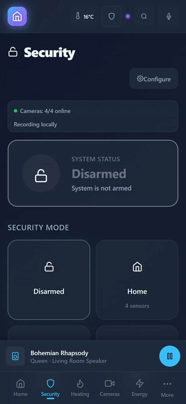 The Security screen in the app, with the alarm modes and the sensors