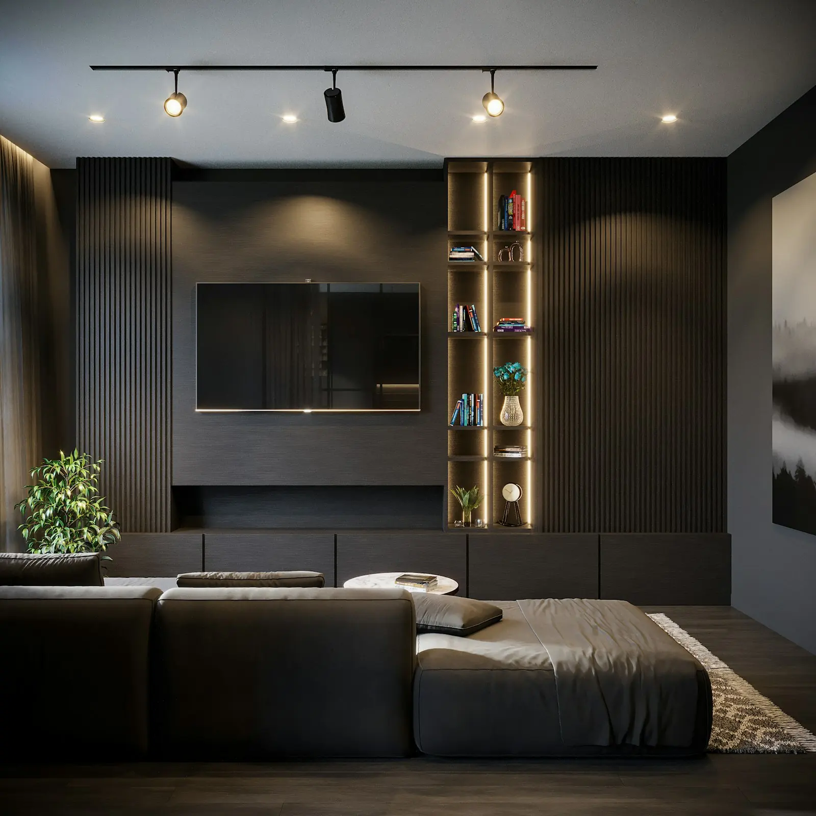 A dark living room with a TV wall, warm shelf lights and a big sofa